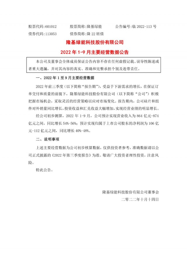 隆基綠能：營收或超864億，預計前三季凈利或在106億元-112億元之間